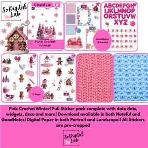May include: Digital sticker pack with a winter theme, featuring pink and white gingerbread houses, snowflakes, and a pink knitted texture. Includes date dots, widgets, and decorative elements. The text says "Pink Crochet Winter".