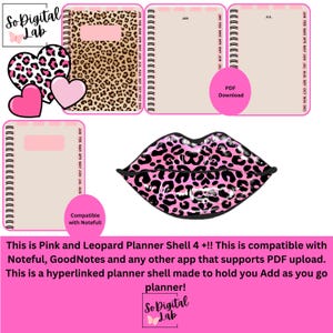 May include: Digital planner shell with a pink and leopard print design. Includes a planner cover, three open planner pages, and a pink lip-shaped graphic with leopard print. The image also features pink hearts and the text "So Digital Lab".
