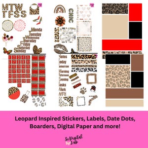 May include: Digital stickers, labels, and papers featuring a leopard print design. The set includes a calendar, a list of daily tasks, and a variety of leopard print patterns. The text "MTWTFSS" is at the top of the image, and the text "CHIC" is in the centre of the image.