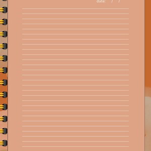 May include: A blank lined notebook with a brown background and the word "NOTES" at the top. The notebook has a yellow spiral binding and a space for the date.
