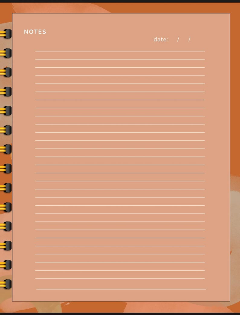May include: A blank lined notebook with a brown background and the word "NOTES" at the top. The notebook has a yellow spiral binding and a space for the date.