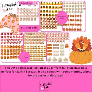 May include: Digital stickers for digital planners. The image shows a collection of fall-themed date dots and monthly labels. The stickers include pumpkin and leaf designs, with numbers for each day of the month. The text "Fall Date Dots" is visible.