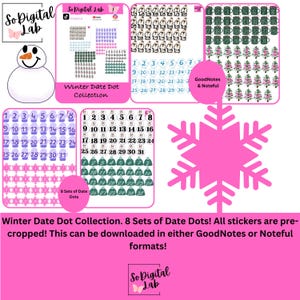 Peut inclure: Collection d'autocollants numériques sur le thème de l'hiver. Les autocollants comprennent des points de date, des bonhommes de neige, des tasses et des sapins de Noël. Le texte indique "Winter Date Dot Collection".