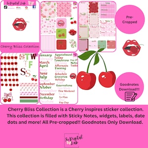 May include: A digital sticker collection featuring a cherry theme. The collection includes a calendar, sticky notes, labels, and other planner elements. The stickers are pre-cropped and designed for use with Goodnotes.