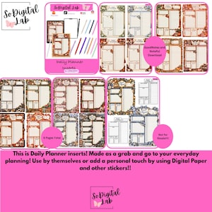May include: A collection of digital daily planner inserts featuring various seasonal themes, including autumn leaves, pumpkins, and winter motifs. The set includes multiple page layouts with sections for schedules, to-do lists, and notes, displayed on tablets with stylus pens.