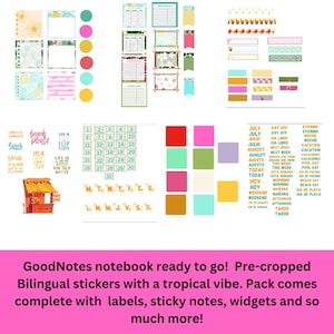 以下が含まれることがあります： トロピカルなテーマのGoodNotes用デジタルステッカーセット。ステッカーには、ラベル、付箋、ウィジェット、英語とスペイン語のテキストを含むカレンダーが含まれています。ステッカーは事前に切り取られており、すぐに使用できます。