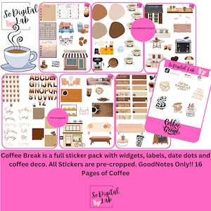 May include: A digital sticker pack with coffee-themed widgets, labels, and date dots. The stickers include coffee cups, coffee beans, and cafe scenes. The pack is pre-cropped and designed for GoodNotes.