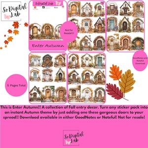 May include: A digital sticker collection titled Enter Autumn featuring multiple illustrations of doors decorated with fall foliage, pumpkins, and wreaths. The set includes five pages of various architectural door designs in warm seasonal colors.