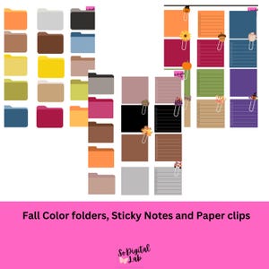 May include: Fall-themed digital planner stickers featuring folders in various autumn colors, sticky notes with lines and various fall-themed decorations, and paper clips with fall-themed decorations. The text "Fall Color folders, Sticky Notes and Paper clips" is at the bottom of the image.