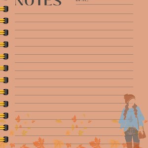 May include: A lined notebook with a peach background and a fall-themed border. The border features a silhouette of a person wearing a hat, boots, and a blue shirt, along with scattered orange and yellow leaves. The notebook has a spiral binding and the word "NOTES" printed at the top.