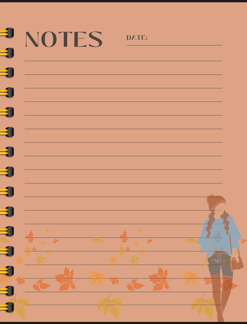 May include: A lined notebook with a peach background and a fall-themed border. The border features a silhouette of a person wearing a hat, boots, and a blue shirt, along with scattered orange and yellow leaves. The notebook has a spiral binding and the word "NOTES" printed at the top.