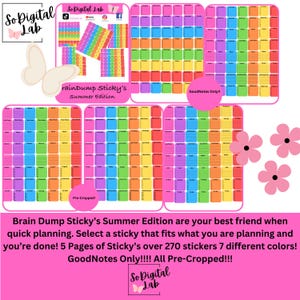 May include: A colourful sticker set, "Brain Dump Sticky's Summer Edition", with over 270 pre-cropped stickers in 7 colours. The stickers are designed for quick planning and are compatible with GoodNotes. The image includes the text "So Digital Lab".