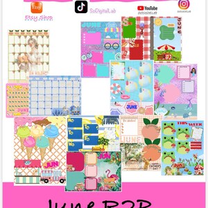 May include: A collection of digital planner pages with a pink and white theme. The pages include calendars, to-do lists, and decorative elements like ice cream cones, flamingos, and butterflies. The text "June R2P" is visible.