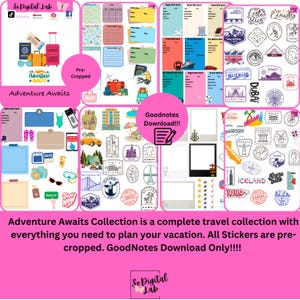 May include: A digital sticker collection for GoodNotes featuring travel-themed stickers, including luggage, passports, stamps, and travel-related checklists. The collection is pre-cropped and includes the text "Adventure Awaits Collection is a complete travel collection with everything you need to plan your vacation. All Stickers are pre-cropped. GoodNotes Download Only!!!"