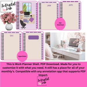 Puede incluir: Planificador de trabajo digital con un diseño rosa y blanco. El planificador incluye pestañas mensuales, una encuadernación en espiral y el texto "JAN", "APR" y "DEC". La imagen también incluye una escena de escritorio con una computadora y flores. El texto dice "PDF Download" y "Hyperlinked".