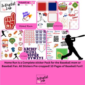 May include: A digital sticker pack with a baseball theme. Includes a foam finger, baseballs, bats, a baseball field, and the words "Home Run". The pack is designed for baseball fans and includes pre-cropped stickers.