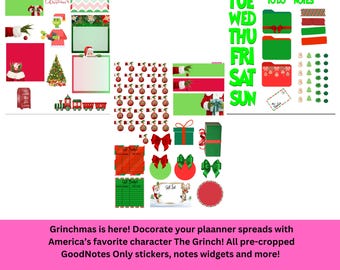 Grinchmas Goodnotes only sticker pack. pre-cropped with widgets, sticky notes, washi tape, date dots and more!