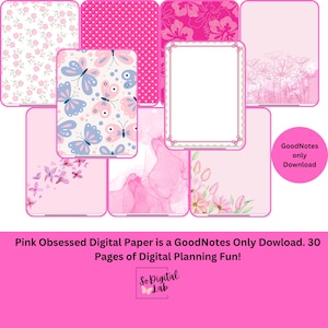 May include: A set of 10 digital papers featuring pink and white floral patterns, butterflies, and polka dots. The papers are designed for use in the GoodNotes app. "GoodNotes only Download" and "30 Pages of Digital Planning Fun!" are written at the bottom of the image.