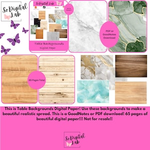 May include: Digital paper backgrounds with wood, marble, and abstract designs. The image includes the text "Table Backgrounds Digital Paper" and "PDF or GoodNotes Download." The text "65 Pages Total" is also visible. The So Digital Lab logo is in the image.