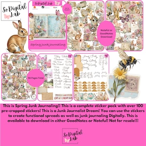 May include: A digital sticker pack for spring junk journaling, featuring over 100 pre-cropped stickers. The pack includes floral, butterfly, and bunny illustrations, along with calendar and planner elements. The stickers are available for download in GoodNotes or Noteful.