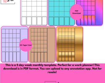 5 day week monthly template! PDF Download! Not for resale!!