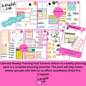 May include: A digital planner pack with various templates for weekly planning. The design includes pink, yellow, and blue elements, with text labels like "Weekly Plan" and "Summer Edition." The pack is designed for GoodNotes.