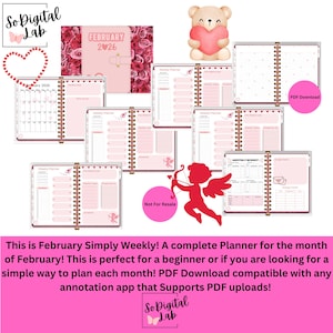 May include: Pink February planner with weekly and monthly layouts. Includes a calendar, budget pages, and a cover with the text "February 2026". Features a teddy bear holding a heart and a red cupid illustration. PDF download.