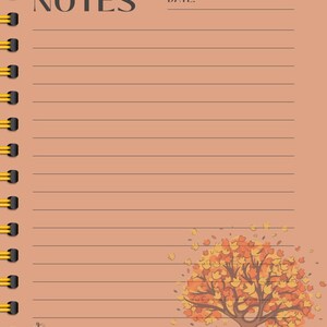 May include: A printable notes page with a fall theme. The page has a light brown background with a lined area for writing notes. The top of the page has the word "NOTES" in black text and the word "DATE" with a blank line for writing the date. The bottom of the page has a drawing of a tree with orange, yellow, and red leaves. There are also pumpkins and hay bales at the bottom of the page.