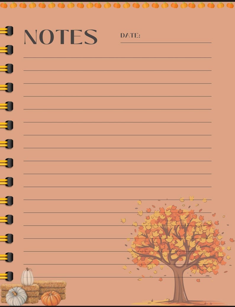 May include: A printable notes page with a fall theme. The page has a light brown background with a lined area for writing notes. The top of the page has the word "NOTES" in black text and the word "DATE" with a blank line for writing the date. The bottom of the page has a drawing of a tree with orange, yellow, and red leaves. There are also pumpkins and hay bales at the bottom of the page.