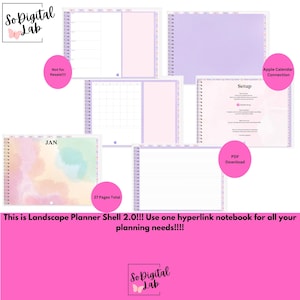 May include: A digital landscape planner shell 2.0 with 27 pages total, featuring various layouts including a weekly schedule, monthly calendar, setup page, and lined paper. The design uses a soft pastel color palette with purple spiral binding.