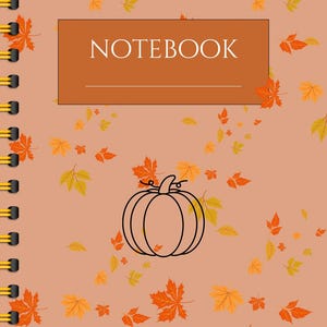 May include: A peach-colored notebook cover with a brown rectangle that says "NOTEBOOK" and a black line drawing of a pumpkin with a stem and leaves. The background is covered in a pattern of orange and yellow leaves.