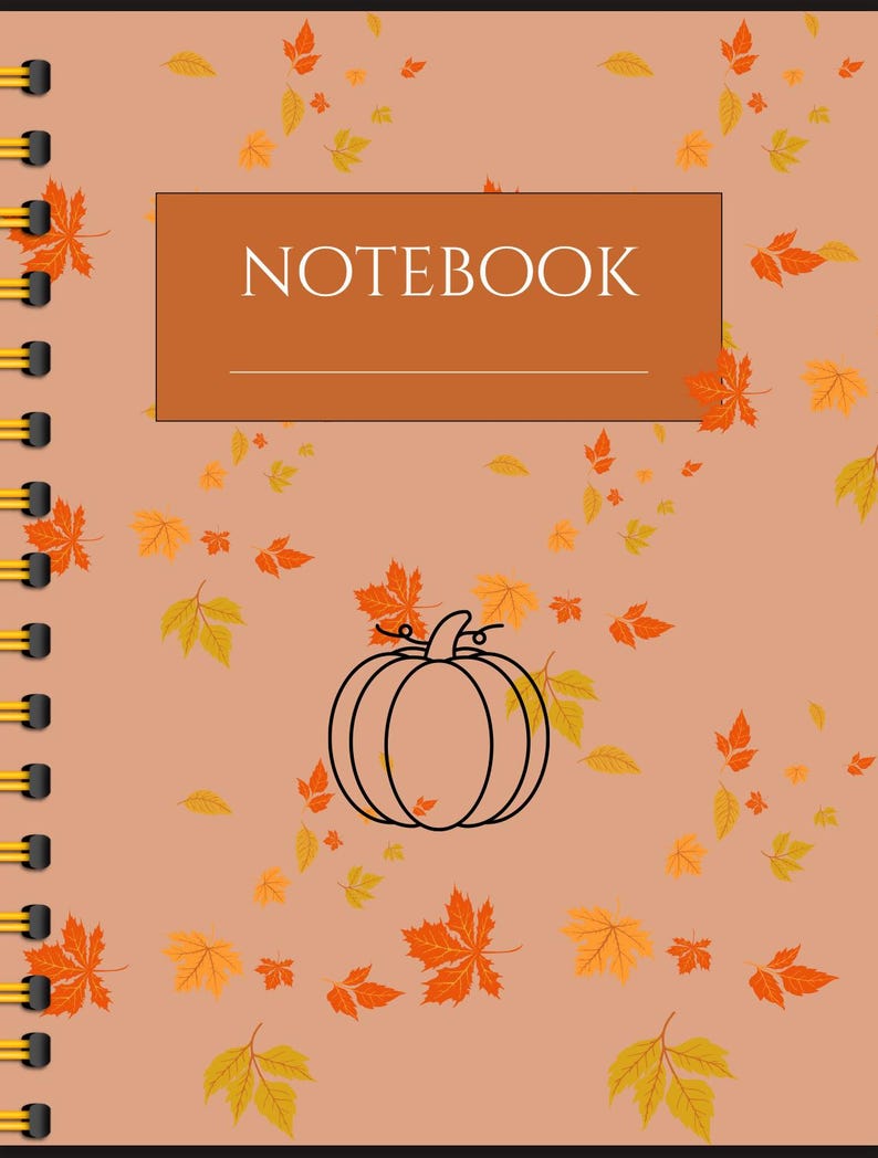 May include: A peach-colored notebook cover with a brown rectangle that says "NOTEBOOK" and a black line drawing of a pumpkin with a stem and leaves. The background is covered in a pattern of orange and yellow leaves.