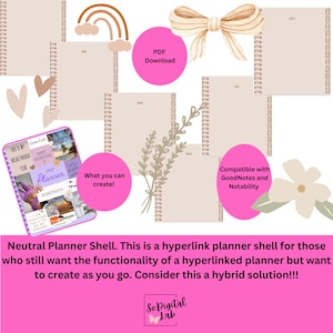 May include: A neutral colored digital planner shell with a floral design. The planner is compatible with GoodNotes and Notability. The image includes the text "What you can create!" and "Compatible with GoodNotes and Notability".