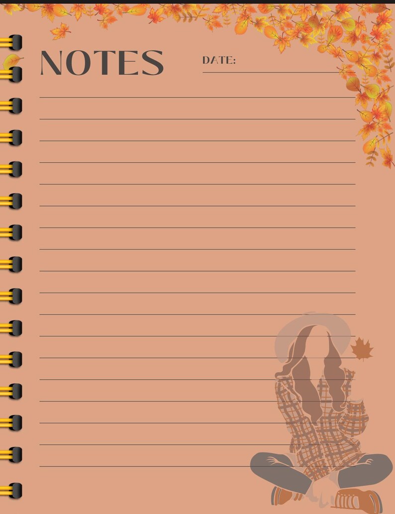 May include: A lined notebook with a brown background and a fall-themed border. The notebook has a spiral binding and the word "NOTES" printed at the top. The date is written below the word "NOTES". A woman in a plaid shirt and a hat is sitting on the bottom right corner of the page.