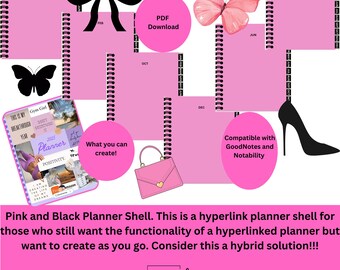 Pink and Black Planner shell. Hyperlink notebook. PDF Download compatible with GoodNotes and Notability!!!