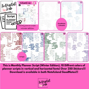 May include: Digital planner script set, Winter Edition, with over 250 stickers in 10 colors. Includes vertical and horizontal fonts. Compatible with GoodNotes and Noteful. The image shows a pink and white design.