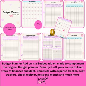May include: A printable budget planner add-on for GoodNotes. The add-on includes a no-spend month calendar, debt tracker, expense tracker, debt avalanche tracker, check register, and a page for tracking income and expenses. The pages are decorated with pink flowers and butterflies.