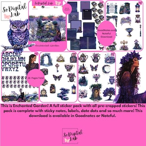 May include: A digital sticker pack titled Enchanted Garden featuring 16 pages of purple-themed illustrations including an owl, a person, a cat, a greenhouse, floral arrangements, butterflies, clocks, keys, teapots, and various stationery elements.
