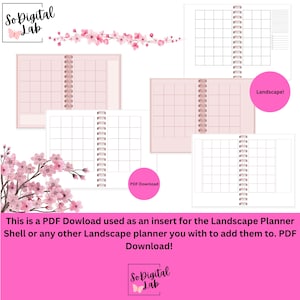 May include: Digital planner inserts with a spiral binding, in pink and white. The image includes the text "PDF Download" and "Landscape!" along with the text "So Digital Lab". The inserts are designed for a landscape planner.