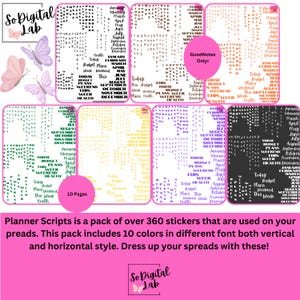 May include: Digital planner stickers in various colors and fonts. The stickers include words like "Today," "Budget," and months of the year. The image also features the text "Planner Scripts" and "GoodNotes Only!"