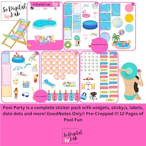 May include: A digital sticker pack with a pool party theme. The image features various stickers, including a pool, beach chair, flamingo, and text that says "Pool Party". The stickers are in shades of pink, blue, and yellow.