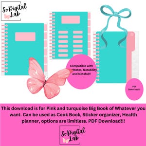 May include: Two printable digital planner pages in pink and turquoise with a butterfly illustration. The pages are compatible with Notes, Notability, and Noteful. The text "PDF Download!!!" is on the page.