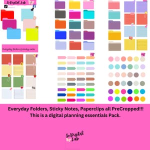 Puede incluir: Un paquete de elementos esenciales para la planificación digital con carpetas, notas adhesivas y clips de papel de colores. El paquete incluye una variedad de colores y diseños, incluidos rojo, azul, verde, amarillo, rosa y morado. El texto "Everyday Folders, Sticky Notes, Paperclips all PreCropped!!! This is a digital planning essentials Pack." se muestra en la parte inferior de la imagen.