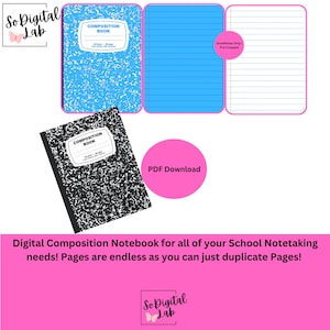 May include: Digital composition notebooks in blue and black with white labels. The image shows a PDF download option and the text "Digital Composition Notebook for all of your School Notetaking needs! Pages are endless as you can just duplicate Pages!"
