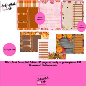May include: A collection of 30 digital planner templates featuring fall-themed designs with pumpkins, autumn leaves, and plaid patterns. The pages include various layouts with checklists, text boxes, and lined sections for organization and note-taking.