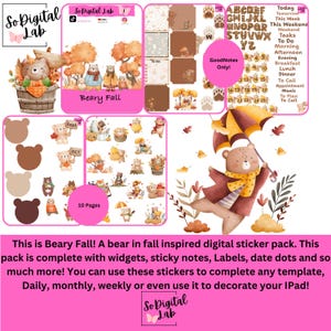 May include: A digital sticker pack with a fall theme, featuring bears, autumn leaves, and various widgets. Includes date dots, sticky notes, and labels. The text says "Beary Fall" and "GoodNotes Only!"