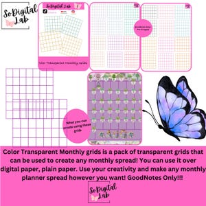 May include: A digital planner product with various grid layouts in shades of pink, gold, and green. The image includes a butterfly graphic and text that reads "Color Transparent Monthly Grids" and "GoodNotes Only!"