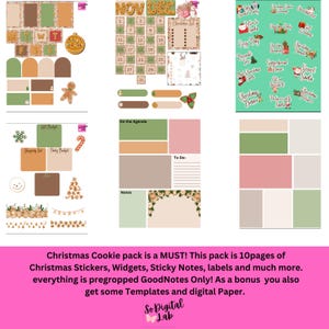 May include: A digital planner pack with a Christmas cookie theme. The pack includes stickers, widgets, sticky notes, labels, and templates. The planner is pre-cropped for GoodNotes.