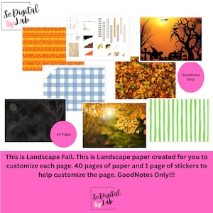 May include: Digital landscape paper set with fall-themed designs. Includes orange patterns, blue gingham, autumn leaves, and Halloween graphics. The set contains 40 pages of paper and stickers. The text says "GoodNotes Only!"