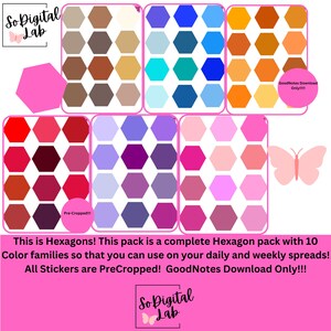 Puede incluir: Conjunto de pegatinas hexagonales digitales en varias paletas de colores, incluyendo tonos de marrón, azul, naranja, rojo, morado y rosa. La imagen incluye el texto "So Digital Lab" y "This is Hexagons!" con información sobre las pegatinas.